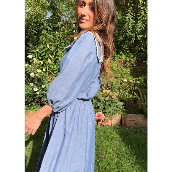 70s Chambray Prairie Dress, Lace Collar Midi - Vintage - Picture 6 of 9